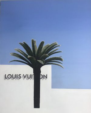 Acrylic on canvas by Nikola Hajnal — minimalist surrealist composition featuring a palm tree against modern architecture, inspired by Mediterranean light and atmosphere.