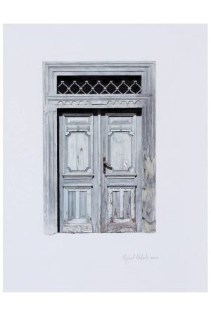 Gray Door by Nikola Hajnal — surrealist acrylic painting blending Mediterranean inspiration, symbolic architecture, and minimalist clarity.