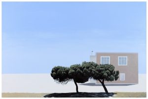 Acrylic on canvas by Nikola Hajnal — a surrealist yet minimalist composition featuring trees, shadows, and Mediterranean light, blending realism with atmospheric depth