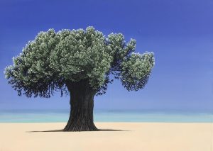 Original 'Olive Tree' acrylic painting on canvas 50x70 cm – serene coastal landscape with lone olive tree against blue sky & sea. Hand-signed by Nikola Hajnal. Limited series, certificate included.