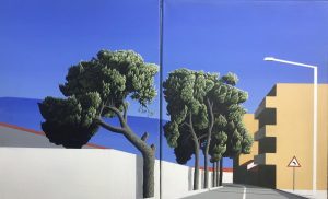 Acrylic on canvas by Nikola Hajnal — minimalist surrealist composition featuring a palm tree against modern architecture, inspired by Mediterranean light and atmosphere.