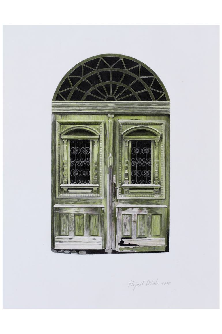 Green Door dry aquarel painting on paper by Hajnal Nikola, 80x60 cm