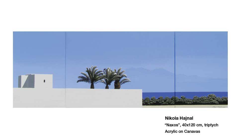 Naxos acrylic triptych painting on canvas by Hajnal Nikola, 40x120 cm